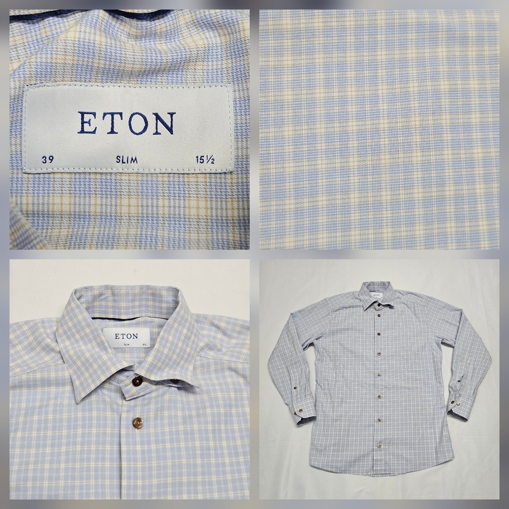 ETON Mens Slim Fit Tencel Stretch Checkered Button Down Dress Shirt  39/15.5